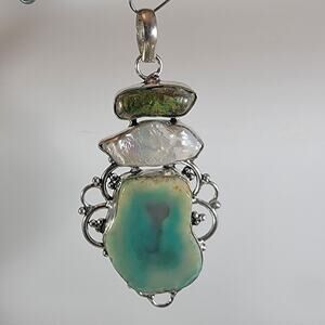 Chrysoprase Pendant Necklace – With Pearl & Green Garnet + 20" Silver Chain
